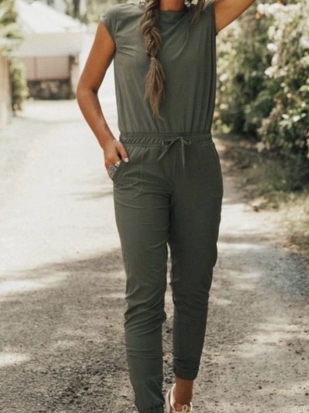 Albion Olive Sleeveless Drawstring Waist Jumpsuit